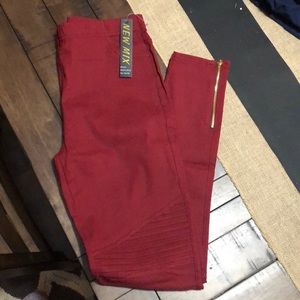 Moto jeggings , more of a burgundy/ maroon